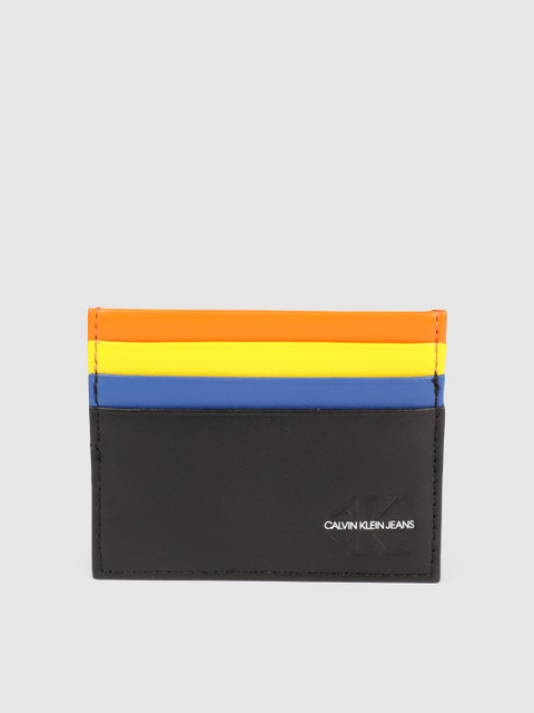 

Calvin Klein Men Black & Navy Blue Striped Leather Card Holder