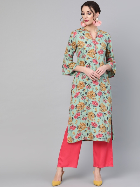 

AKS Women Sea Green & Pink Printed Kurta with Palazzos