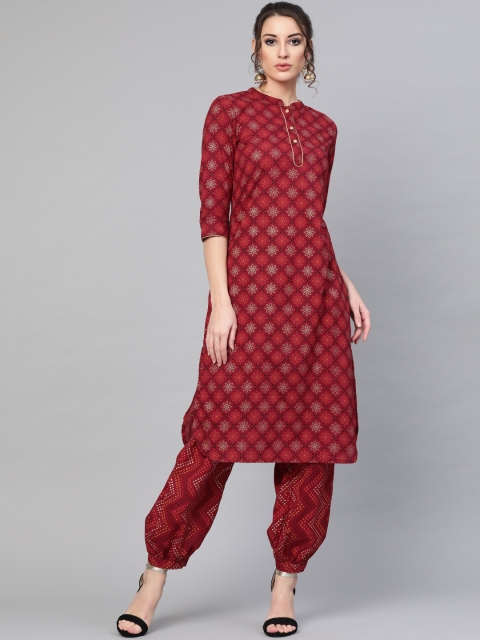 

AKS Women Maroon & Orange Printed Kurta with Trousers