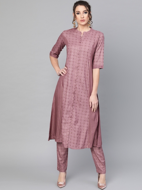 

AKS Women Mauve & Golden Printed A-Line Kurta