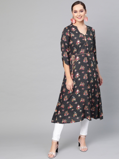 

AKS Women Grey & Pink Printed A-Line Kurta