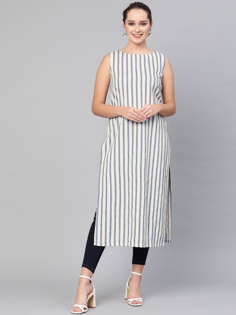 

AKS Women Off-White & Blue Striped Straight Kurta