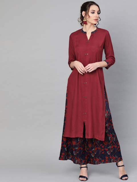 

AKS Women Maroon & Navy Blue Solid Kurta with Palazzos