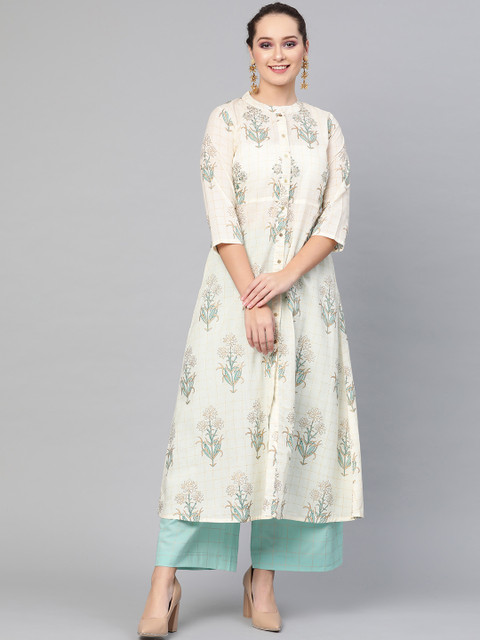 

AKS Women Cream-Coloured & Sea Green Printed Kurta with Palazzos