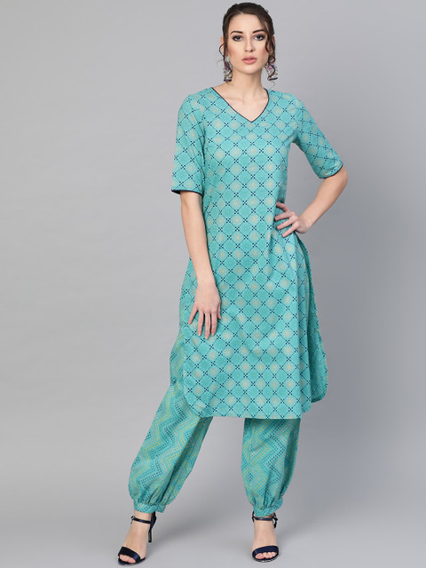 

AKS Women Blue Printed Kurta with Trousers