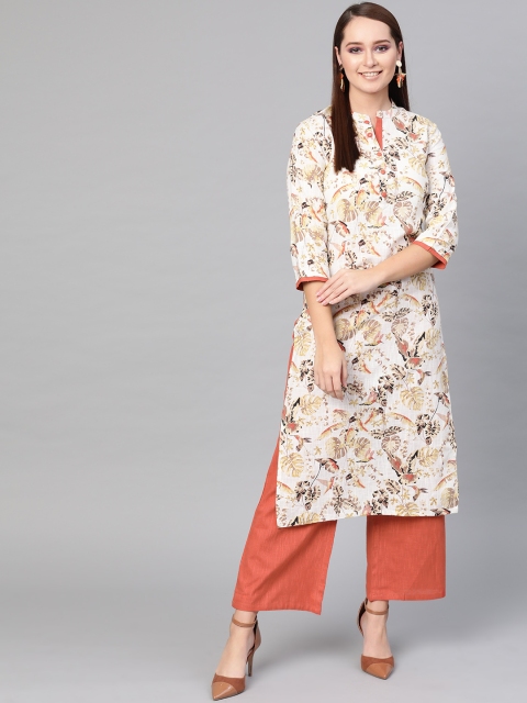 

AKS Women Off-White & Rust Orange Printed Kurta with Palazzos
