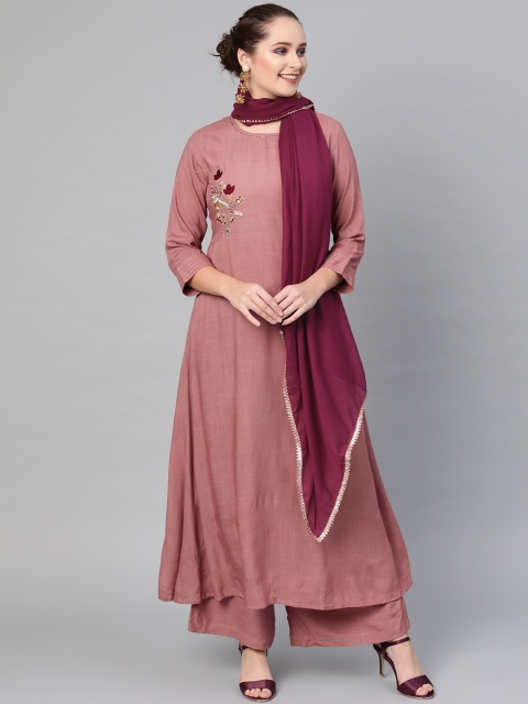 

AKS Women Mauve & Purple Embroidered Detail Kurta with Palazzos & Dupatta