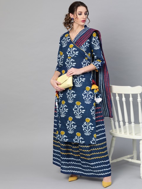 

AKS Women Navy Blue Printed Kurta with Skirt & Attached Dupatta