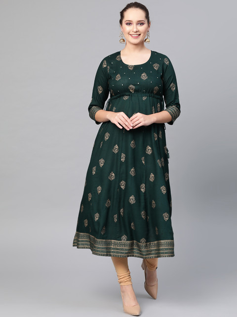 

AKS Women Green & Golden Screen Print A-Line Kurta