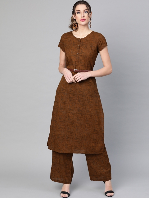 

AKS Women Mustard Brown & Black Self-Checked Kurta with Palazzos