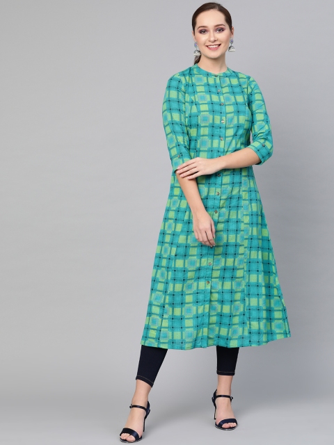 

AKS Women Blue & Green Checked A-Line Kurta