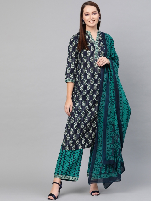 

AKS Women Navy Blue & Green Printed Kurta with Palazzos & Dupatta