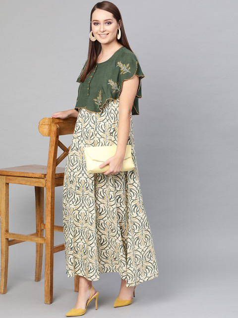 

AKS Women Cream-Coloured & Green Printed Layered Maxi Dress