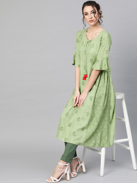 

AKS Women Green Printed A-Line Kurta