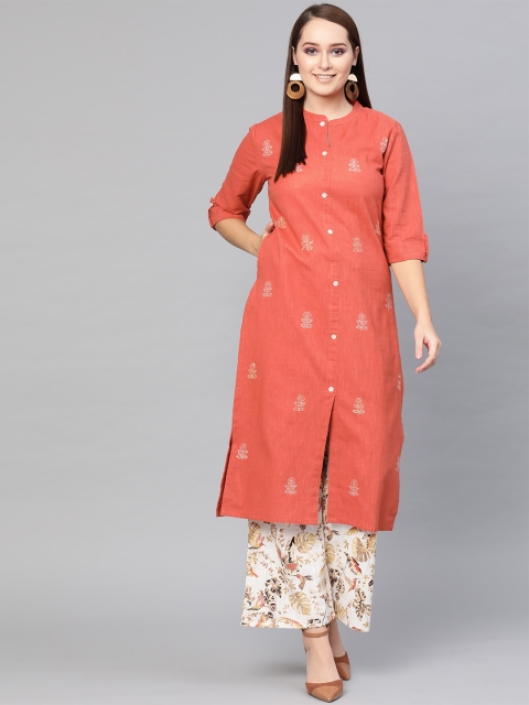 

AKS Women Rust Orange & Off-White Embroidered Kurta with Palazzos