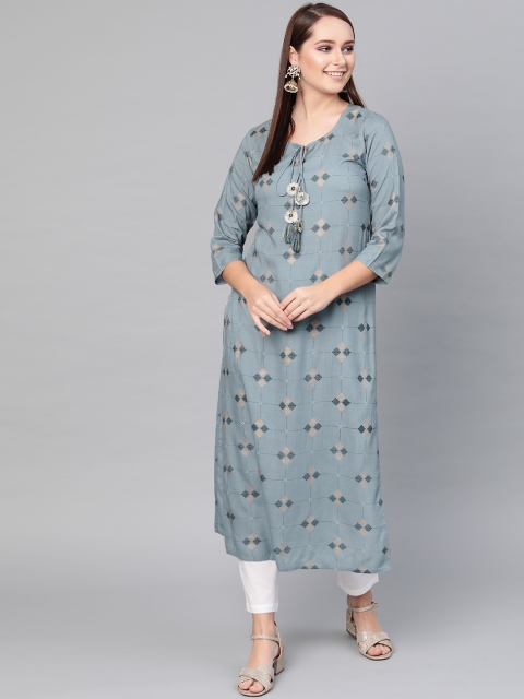 

AKS Women Blue & Golden Printed Straight Kurta