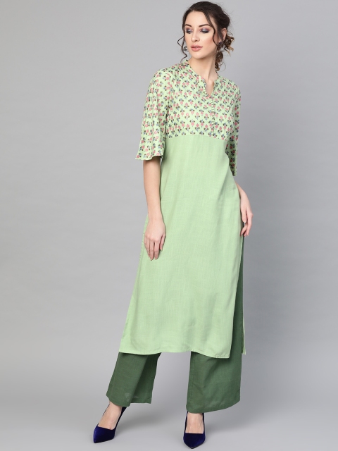

AKS Women Green & Pink Yoke Design Straight Kurta