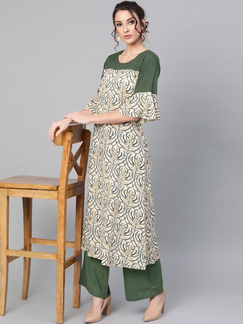 

AKS Women Cream & Olive Green Printed A-Line Kurta