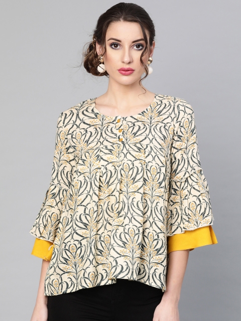 

AKS Women Cream-Coloured & Navy Blue Printed Tunic