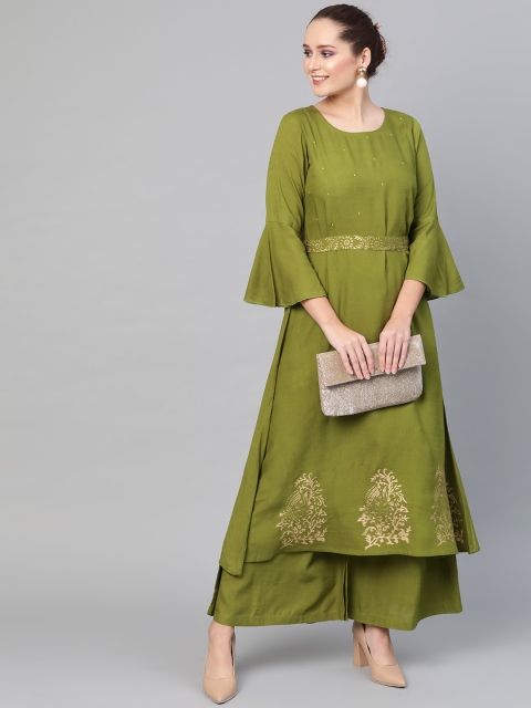 

AKS Women Green & Golden Printed Detail Kurta with Palazzos