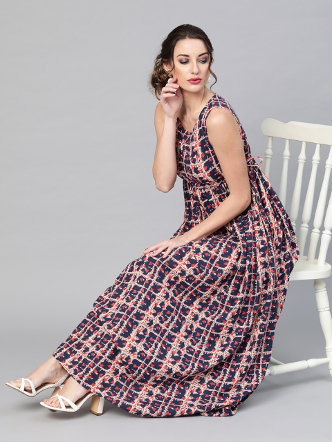 

AKS Women Navy Blue & Pink Printed Maxi Dress