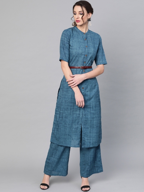 

AKS Women Navy Blue Self-Checked Kurta with Palazzos