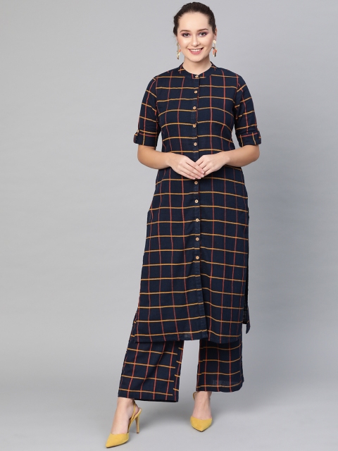 

AKS Women Navy Blue & Yellow Checked Kurta with Palazzos