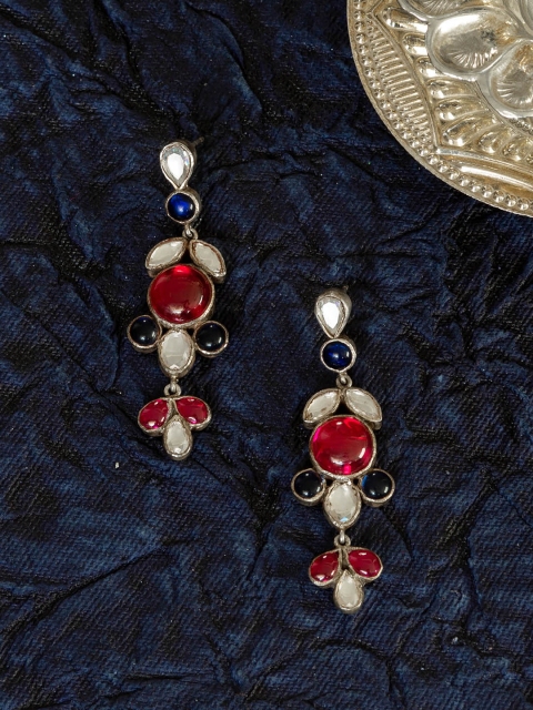 

Unniyarcha Jewellery Silver-Plated & Red Sterling Silver Oxidised Drop Earrings