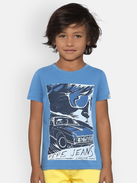 

Pepe Jeans Boys Blue BRUNO JR Printed Round-Neck Pure Cotton T-shirt