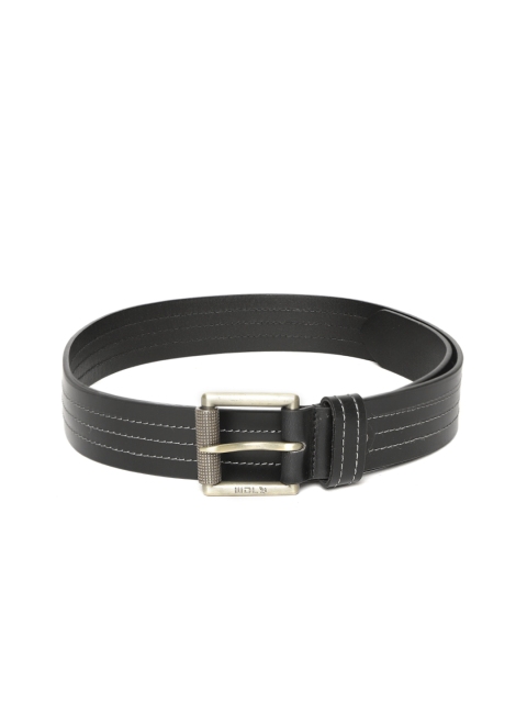 

Woodland Men Black Leather Striped Belt