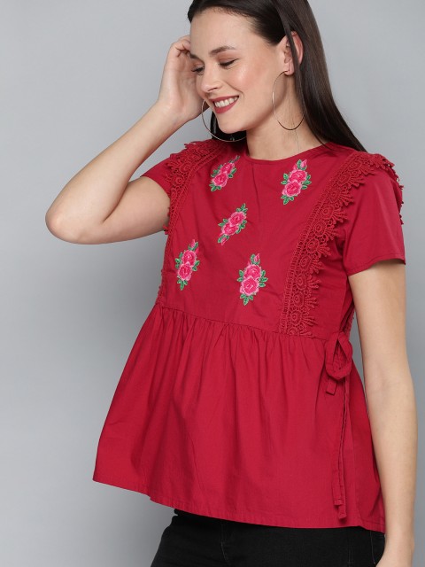 

HERE&NOW Women Red Solid A-Line Pure Cotton Top With Embroidery Details