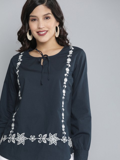 

HERE&NOW Women Navy Blue Embroidered Pure Cotton Top