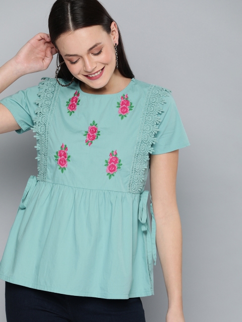 

HERE&NOW Women Turquoise Blue Solid A-Line Top With Embroidered Details