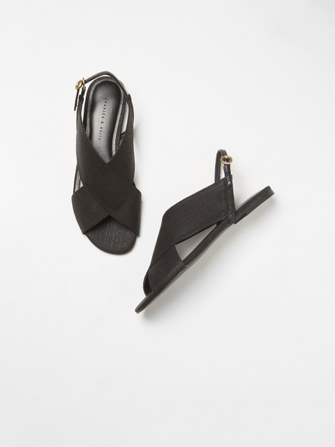 

CHARLES & KEITH Women Black Textured Open Toe Flats