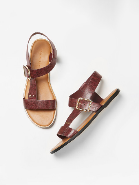 

CHARLES & KEITH Women Burgundy Textured Open Toe Flats