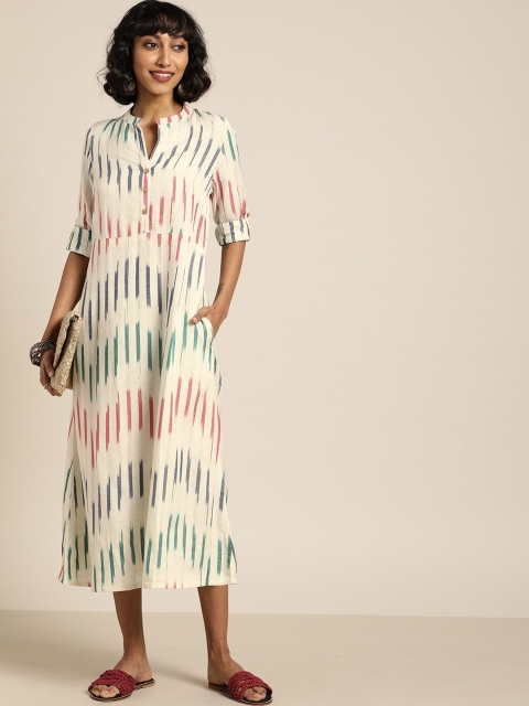 

Taavi Women Cream-Coloured Printed Woven Legacy Shirt-Style Sustainable Dress with Roll-Up Sleeves