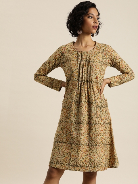 

Taavi Women Beige & Olive Green Kalamkari Hand Block Print A-Line Sustainable Dress with Pleats