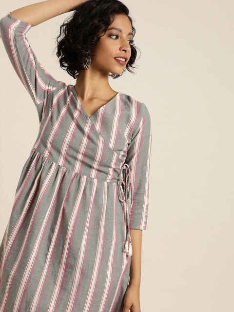 

Taavi Women Grey & Off-White Ikat Striped Wrap Sustainable Dress with Pockets