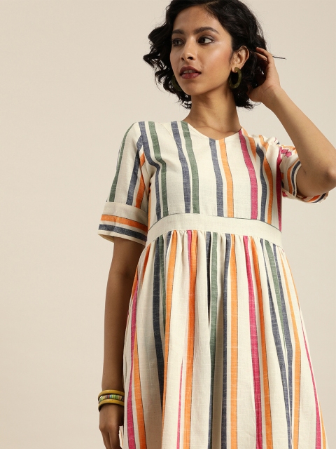 Women Multicoloured Striped Woven Legacy A-Line Sustainable Dress with Pockets