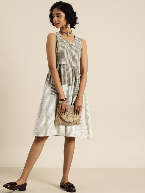 

Taavi Women Off-White & Brown Checked Woven Legacy A-Line Sustainable Dress with Pockets