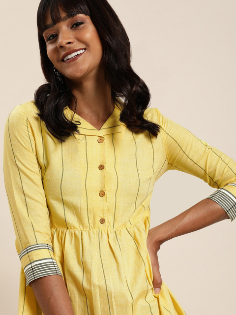 

Taavi Women Yellow & Black Striped Woven Legacy A-Line Sustainable Dress with Shirt Collar