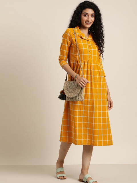 

Taavi Women Mustard Yellow & Blue Checked Woven Legacy A-Line Sustainable Dress with Pockets