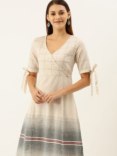 

Taavi Women Off White & Grey Sriped Woven Legacy A-Line Sustainable Dress With Tie-Ups