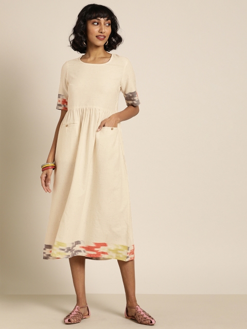 

Taavi Women Cream-Coloured Solid Woven Legacy Fit and Flare Sustainable Dress with Insert Pockets