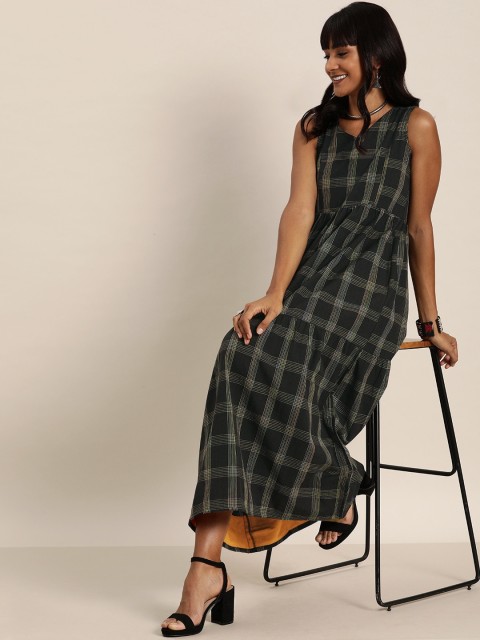 

Taavi Women Black & Yellow Checked Woven Legacy A-Line Sustainable Dress with Insert Pockets