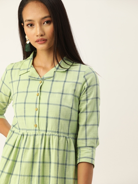 

Taavi Women Green & Blue Woven Legacy Checked Midi Fit & Flare Sustainable Dress with Gathers & Pocket