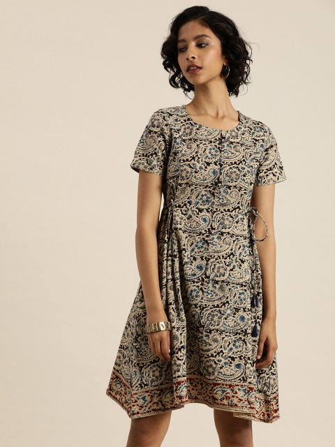 

Taavi Women Off-White & Black Hand Block Print Kalamkari A-Line Sustainable Dress with Pockets