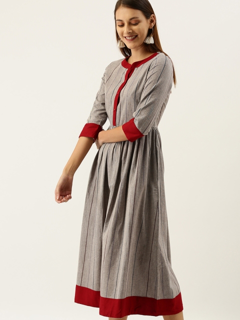 

Taavi Women Grey and Black Striped Woven Legacy Fit and Flare Sustainable Dress with Gathers