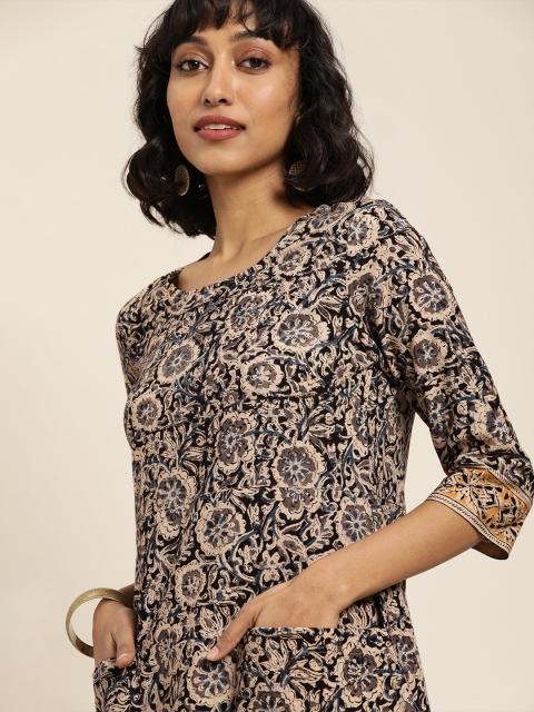 

Taavi Women Beige & Black Kalamkari Hand Block Print A-Line Sustainable Dress with Pockets