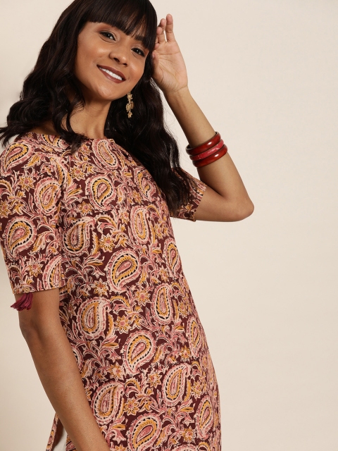 

Taavi Women Maroon & Peach Kalamkari Hand Block Print Sustainable Straight Kurta With Tassels